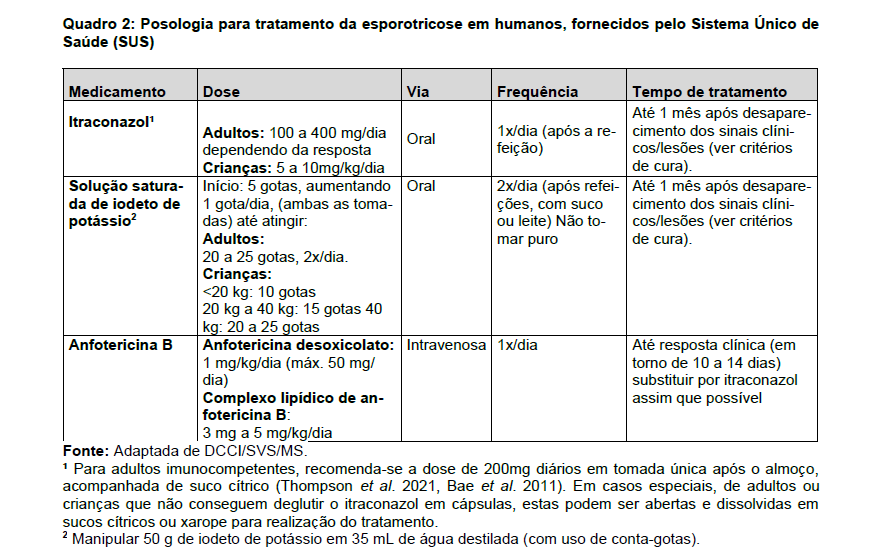 Posologia para tratamento da esporotricose em humanos, fornecidos pelo Sistema Único de Saúde (SUS)